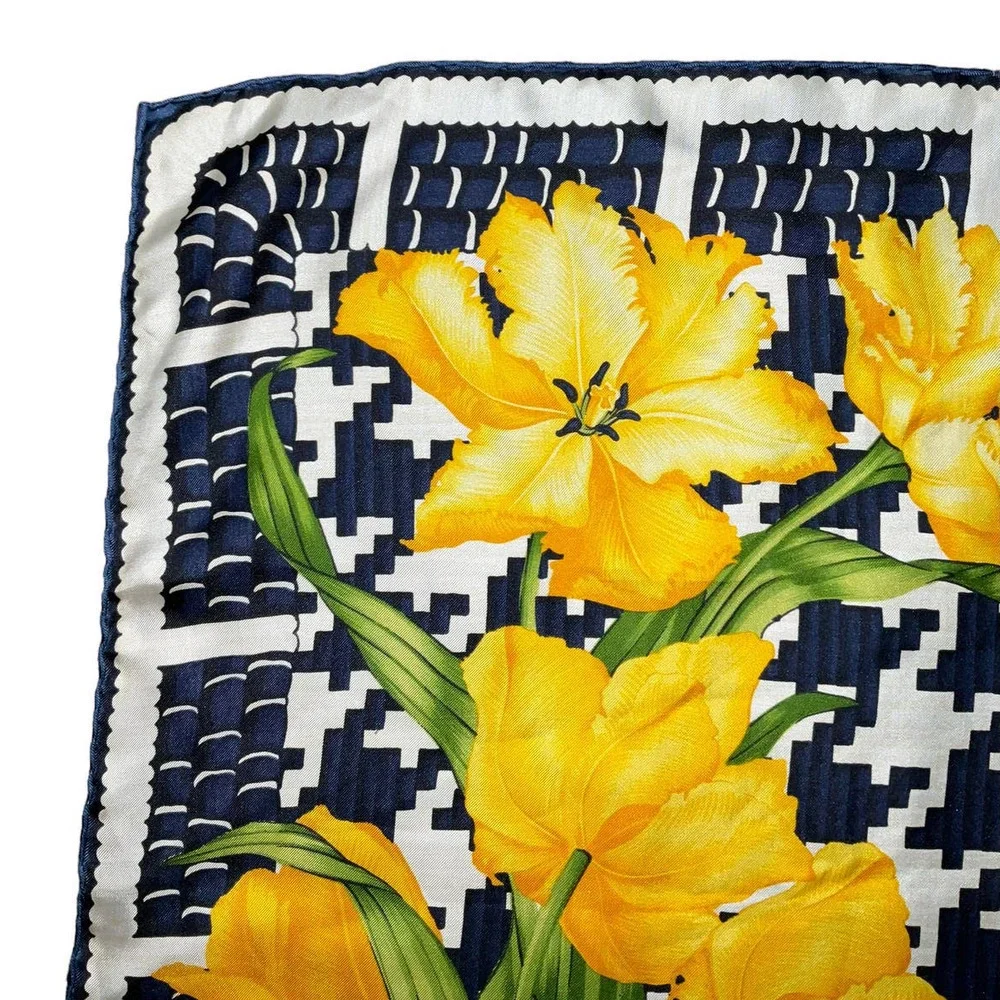 Christian Dior Vintage Flower Print Silk Scarf Yellow Black White.